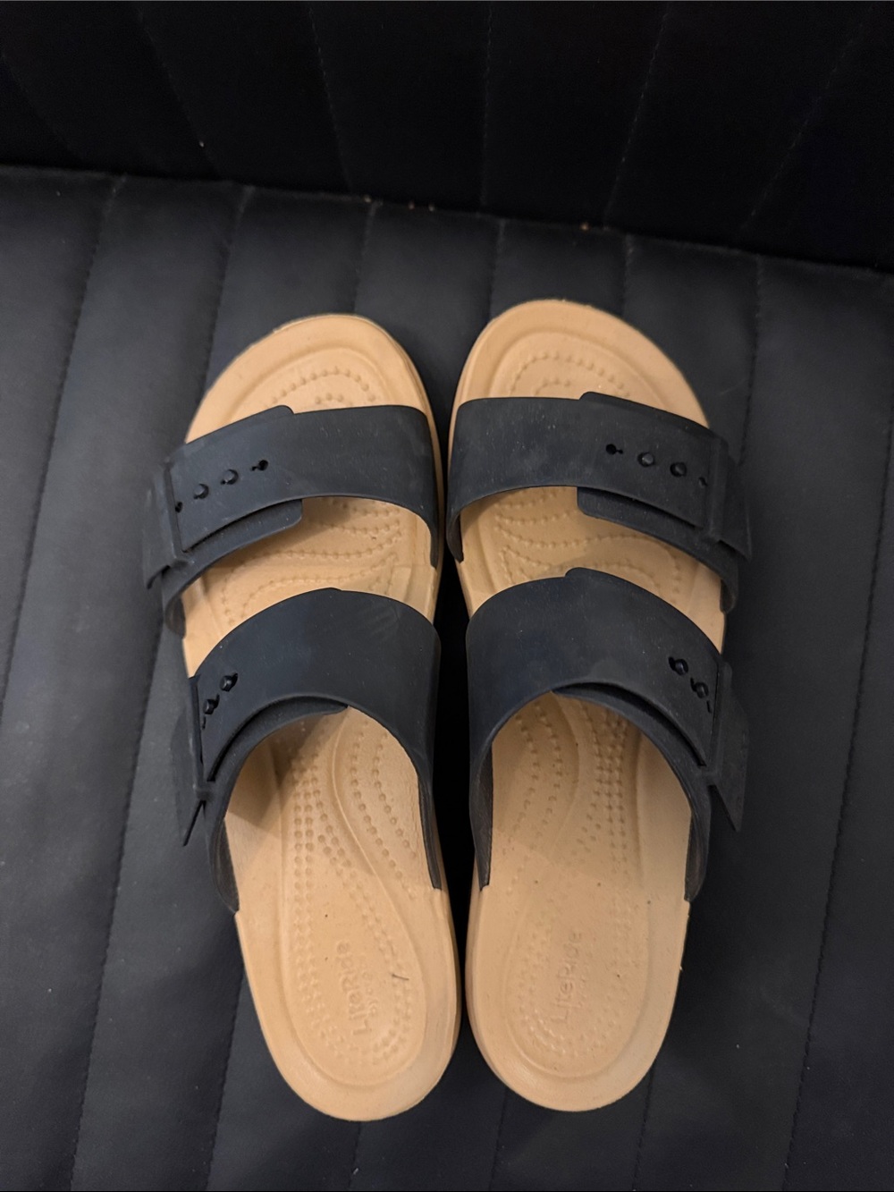 Toms Black and Tan Dual-Strap Women's Slide Sandals